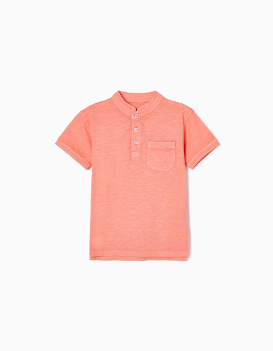 Cotton Jersey T-shirt with Mao Collar, Coral