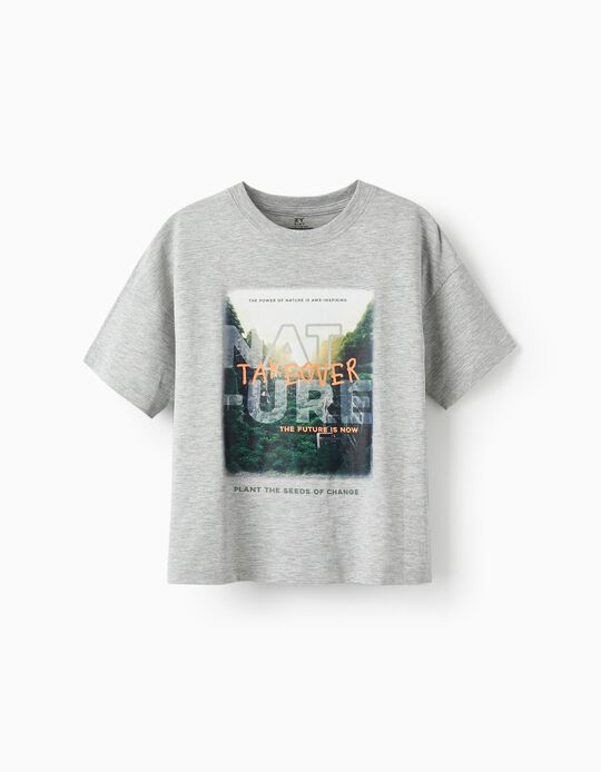 T-Shirt em Algodão para Menino 'Nature Takeover', Cinza