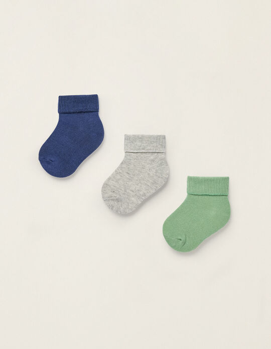 Pack of 3 Pairs of Folded Socks for Newborns and Babies, Blue/Grey/Green