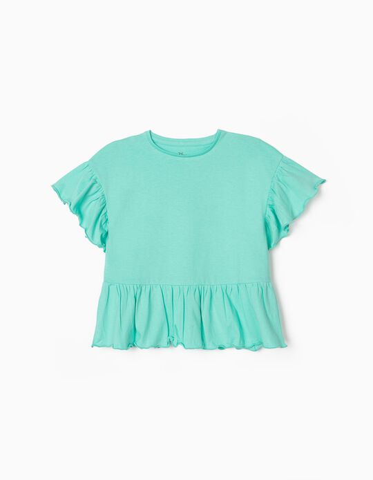 T-Shirt with Ruffles for Girls, Aqua Green