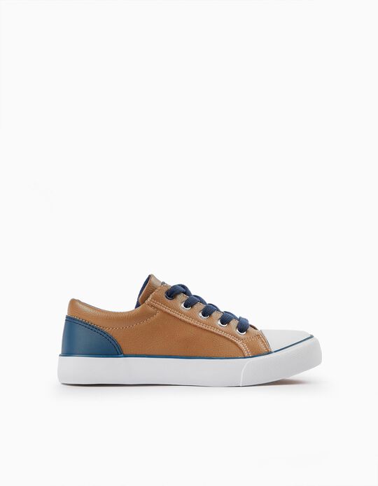 Synthetic Leather Trainers for Boys, Camel/Dark Blue