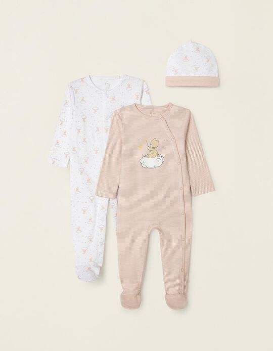 2 Sleepsuits + Beanie for Babies ''Teddy Bear', White/Beige