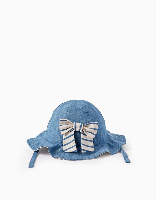Denim Hat with Striped Interior and Bow for Baby, Blue/Beige