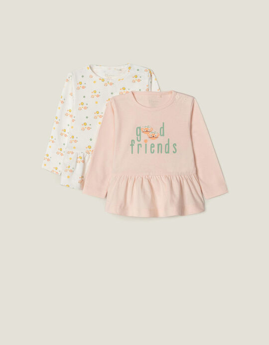 2 T-Shirts Manches Longues Nouveau-Née 'Good Friends', Blanc/Rose