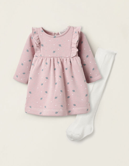 Buy Online Fleece Dress + Tights for Baby Girls, Pink/White