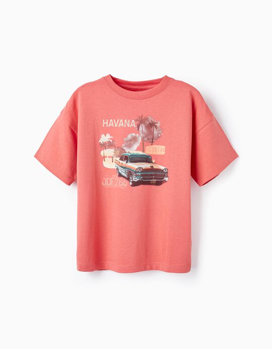 T-shirt de Algodão com Estampado para Menino 'Cuba', Coral Escuro