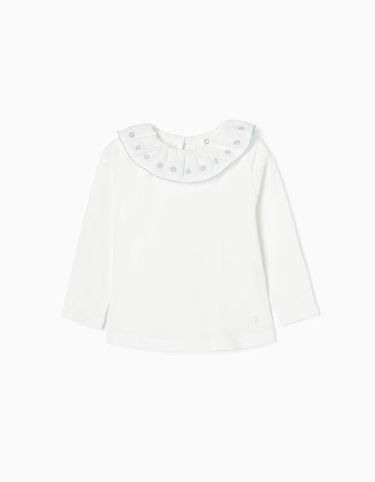 Cotton T-shirt with Ruffles and Embroidery for Baby Girls 'B&S', White