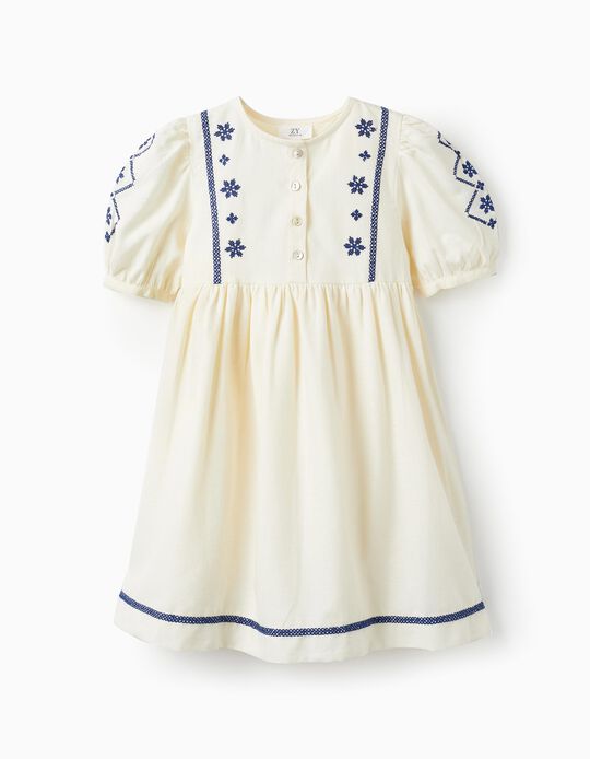 Dress in Cotton and Linen for Girls, Light Beige