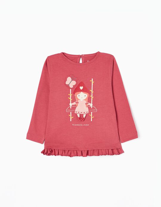 T-shirt à Manches Longues en Coton Bébé Fille 'Forêt', Rose