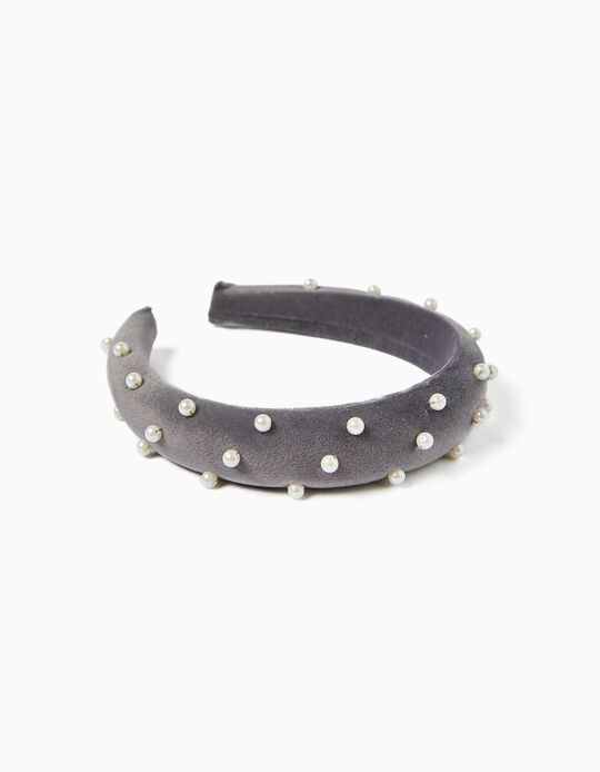 Velvet Alice Band with Pearls for Girls, Grey