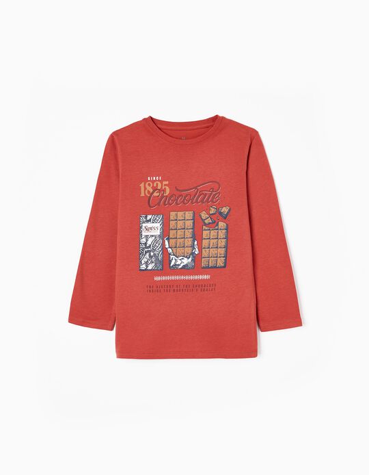 Camiseta de Manga Larga en Algodón para Niño 'Chocolate', Rojo