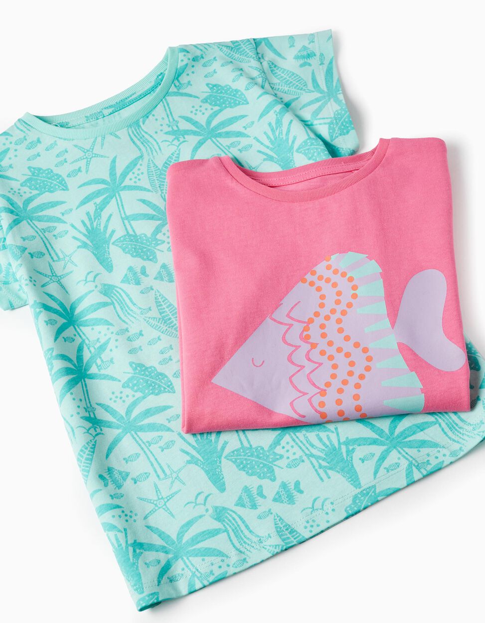 Comprar Online Pack 2 T-shirts de Algodão para Menina 'Peixe', Rosa/Verde-Água