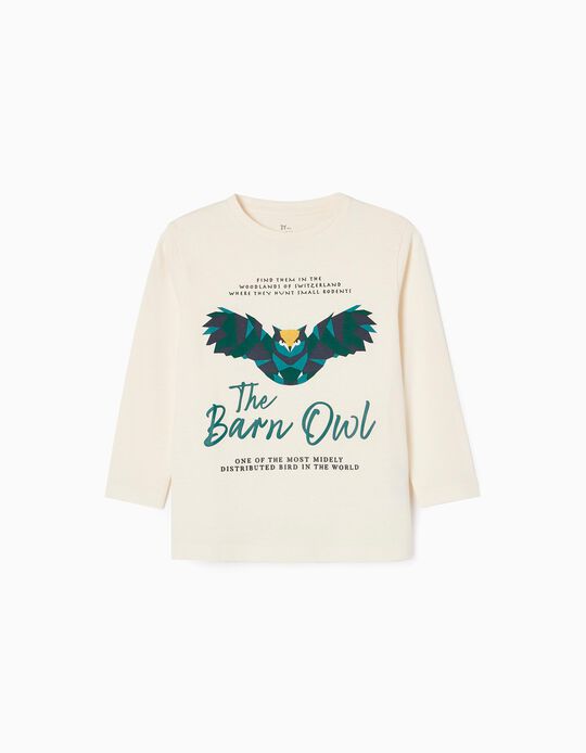 T-shirt de Manga Comprida em Algodão para Menino 'Barn Owl', Bege 