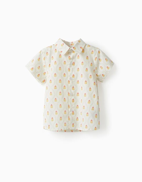 Camisa de Manga Curta em Algodão para Bebé Menino, Branco/Amarelo/Vermelho