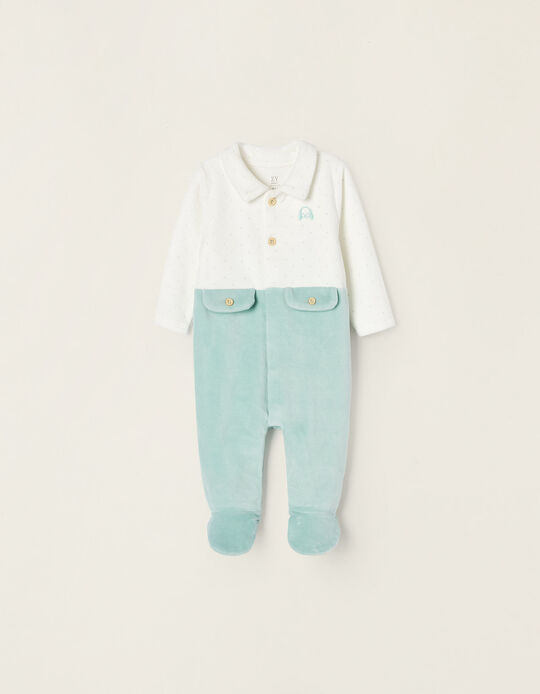 Velour Sleepsuits for Newborn Babies 'Puppy', White/Aqua Green
