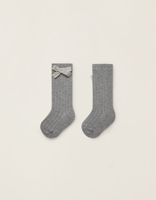 Knee-High Socks with Velvet Bow for Baby Girls, Grey