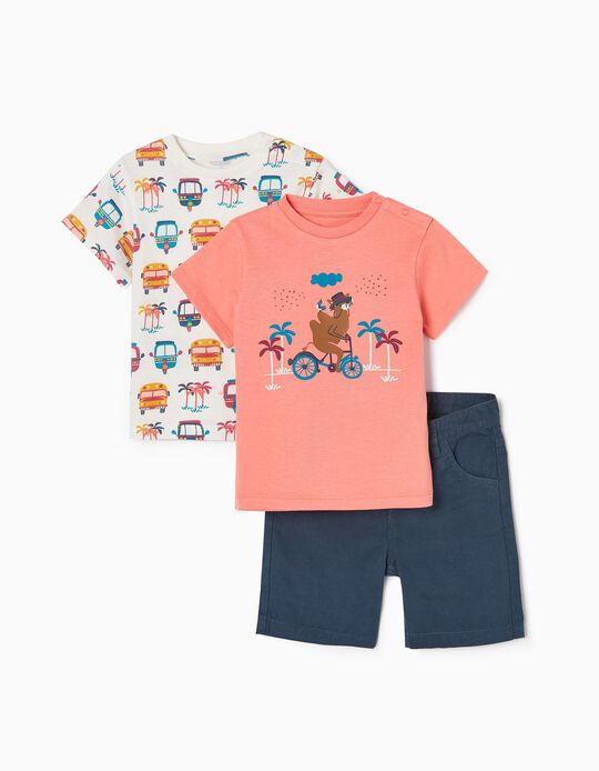 Set of 2 T-shirts + 1 Cotton Shorts for Baby Boys 'India', Multicoloured