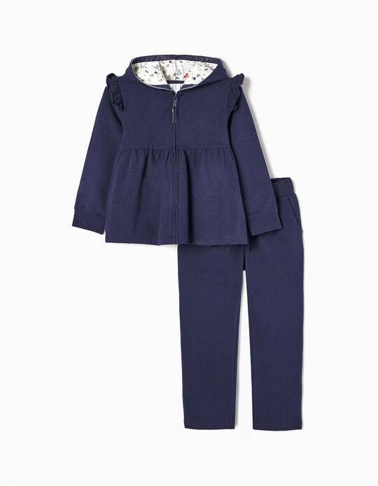 Brushed Cotton Tracksuit for Girls 'Flowers', Dark Blue