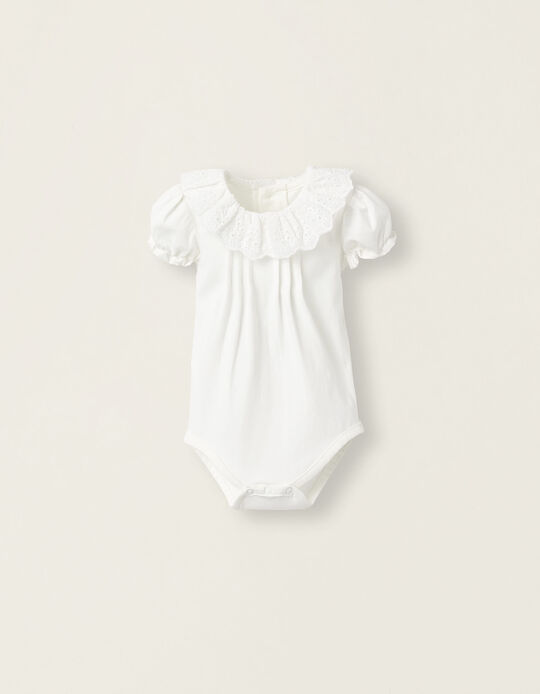 Buy Online Bodysuit-Blouse with Broderie Anglaise in Cotton for Newborn Girls, White