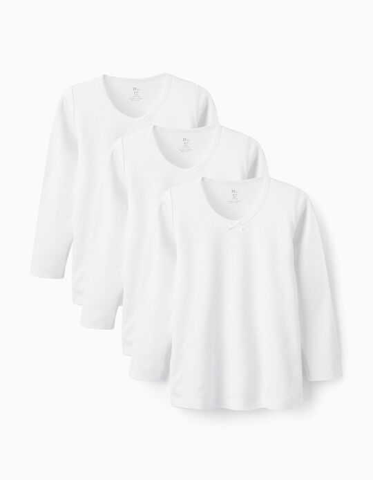 Pack de 3 Camisetas Interiores de Algodón con Efecto Térmico para Niña, Blanco