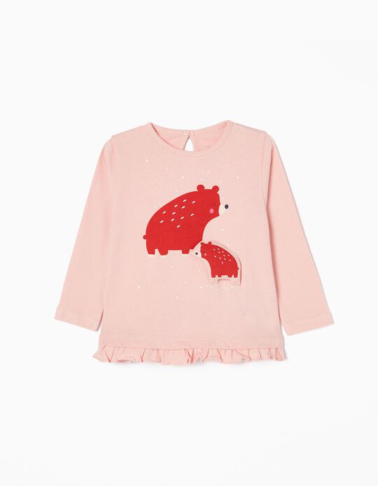 Camiseta de Manga Larga de Algodón para Bebé Niña 'Osita', Rosa