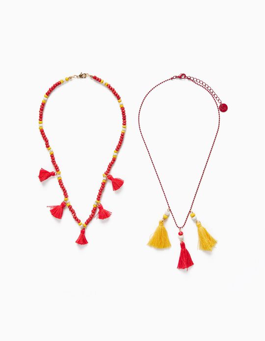 2 Necklaces with Beads and Tassels for girls, Red/Yellow