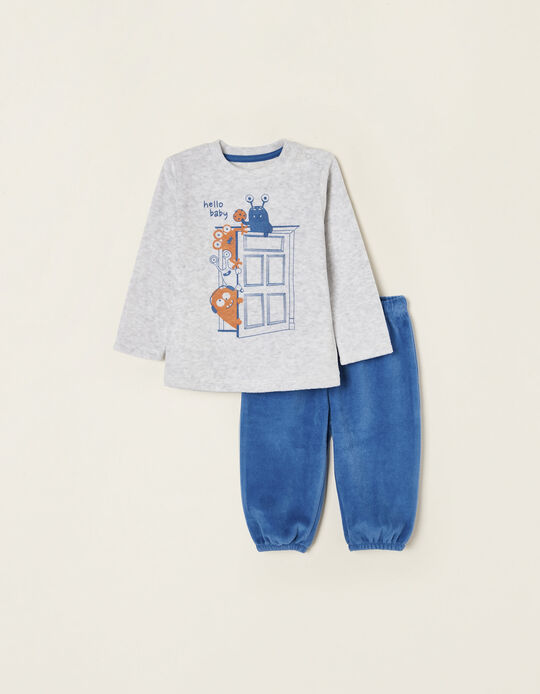 Pyjama en Velours de Coton Bébé Garçon 'Monsters', Bleu Foncé/Gris