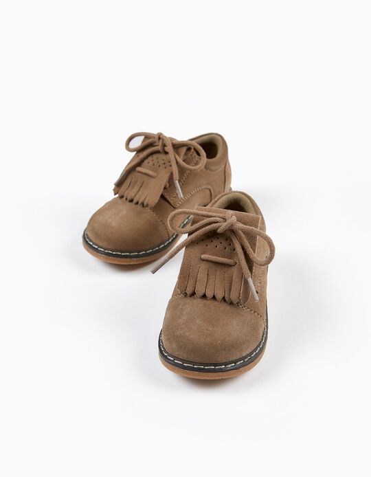 Leather Fringed Oxford Shoes For Babies, Dark Beige