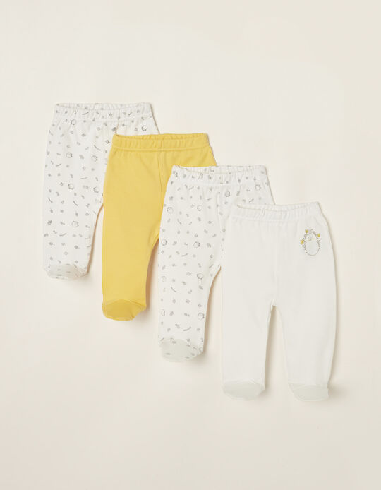 4 Cotton Footed Trousers for Babies 'Hedgehog', White/Yellow