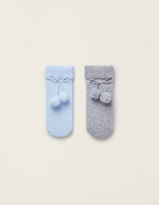 Pack of 2 Pairs of Socks with Pompons for Newborn Boys, Blue/Grey