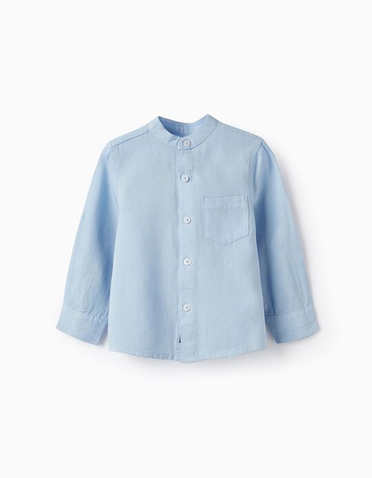 Camisa de Manga Larga de Lino para Bebé Niño, Azul Claro