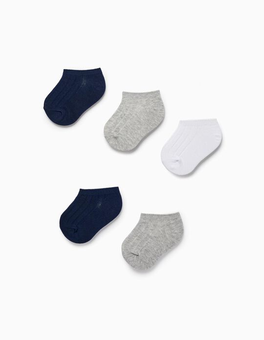 Pack of 5 Pairs of Short Ribbed Socks for Baby Boys, Blue/Grey/White