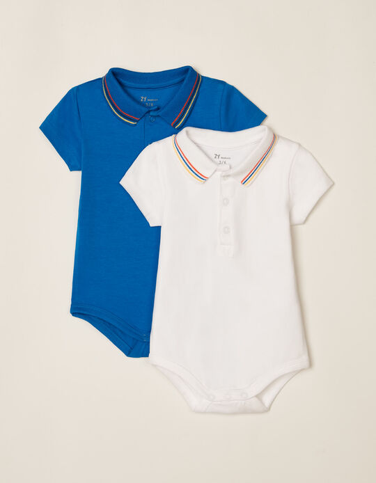 2 Polo-Bodysuits for Newborn Baby Boys, Blue/White