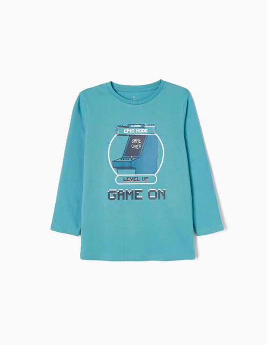 T-shirt à Manches Longues en Coton Garçon 'Game On', Bleu