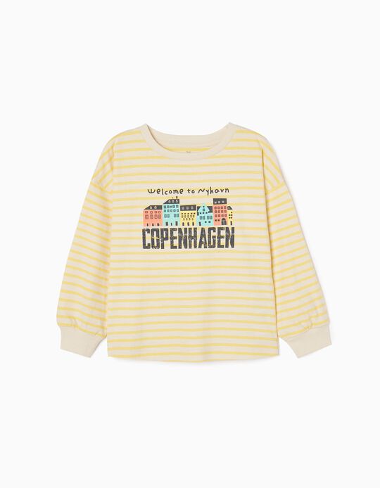 T-shirt en Coton à Manches Longues Fille 'Copenhague', Jaune/Blanc