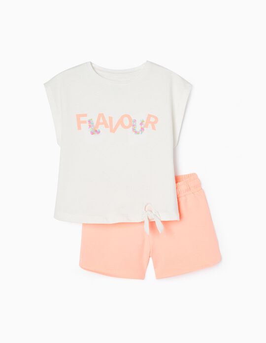 Camiseta + Short para Niña 'Flavour', Blanco/Coral