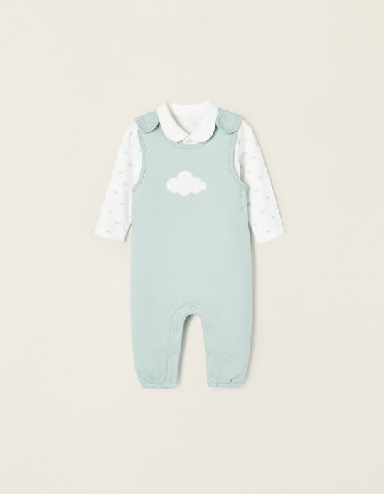 Jumpsuit + Bodysuit in Cotton for Newborn Babies 'Cloud', Aqua Green/White