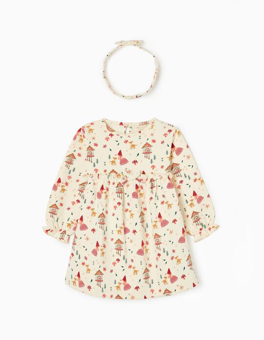 Dress + Headband in Cotton for Baby Girls 'Enchanted Forest', Beige