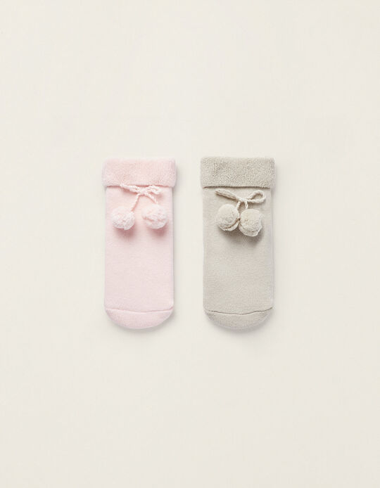 Pack of 2 Knitted Cotton Socks with Pom-Poms for Newborn, Pink/Grey
