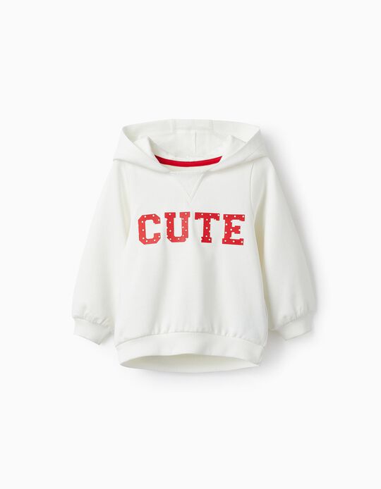 Cotton Hooded Sweatshirt for Baby Girls 'Cute', White