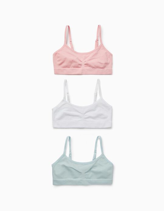 3-Pack Microfibre Bras for Girls, White/Pink/Blue