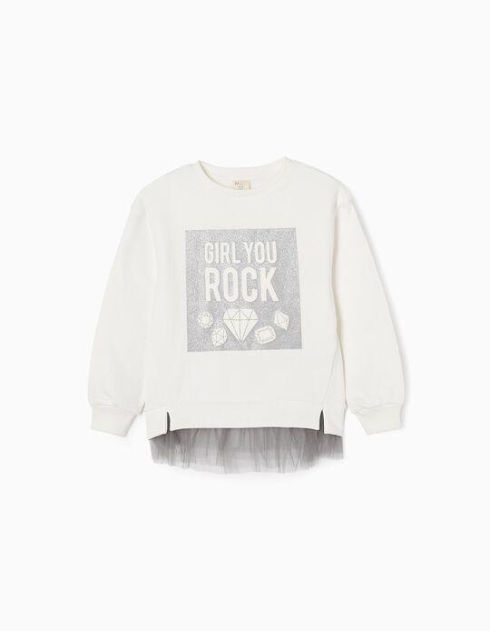 Brushed Cotton Sweatshirt for Girls 'Girl You Rock', White/Silver