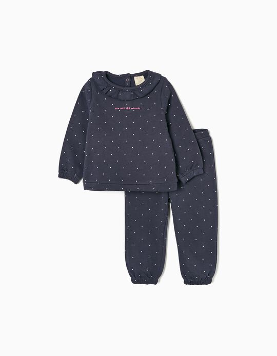 Cotton Tracksuit with Polka Dots for Baby Girls, Dark Blue
