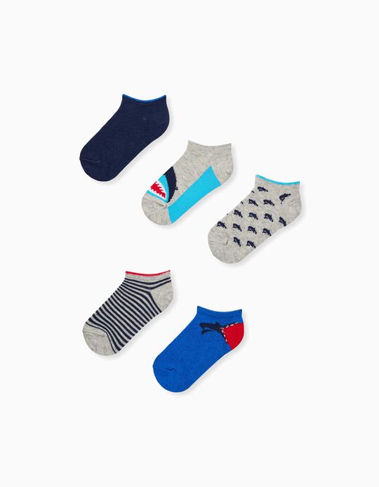 Pack of 5 Pairs of Ankle Socks for Boys 'Shark', Multicolour
