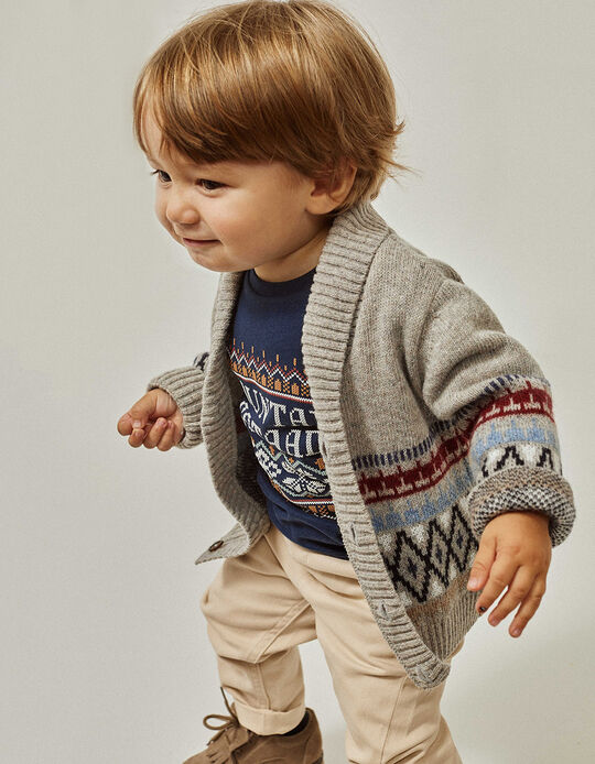 Wool Jumper with Jacquard for Baby Boys, Grey