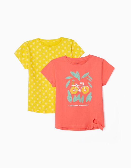 2 T-Shirts for Girls 'Bike Rides', Yellow/Pink