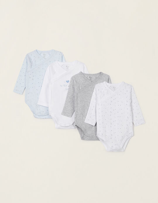 4 Bodysuits for Newborn Baby Boys, 'Stars', Grey/White/Blue