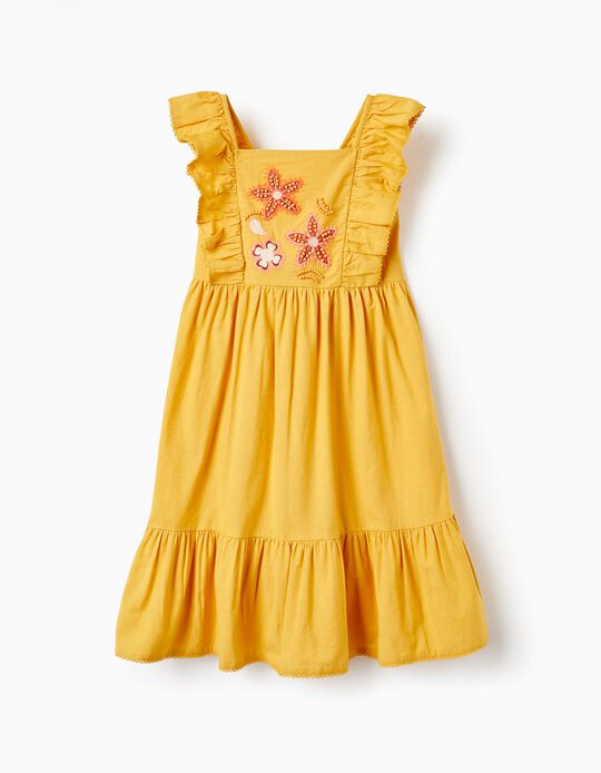 Cotton and Linen Dress with Embroidery and Beads for Girls, Yellow