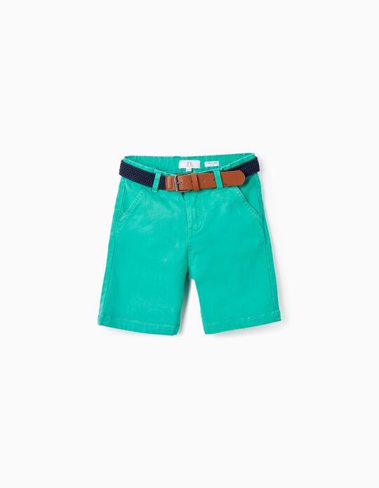 Shorts Chino de Sarga con Cinturón para Niño, Verde