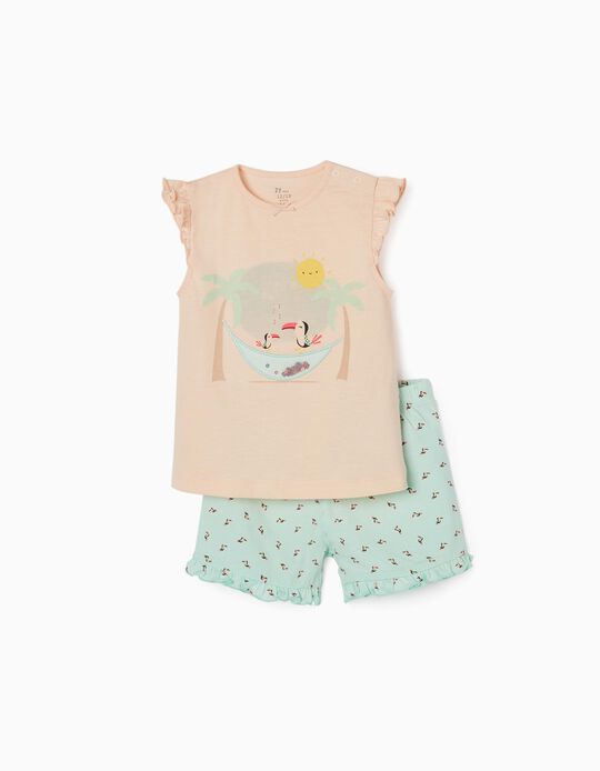 Pyjamas for Baby Girls 'Pelican', Coral/Aqua Green